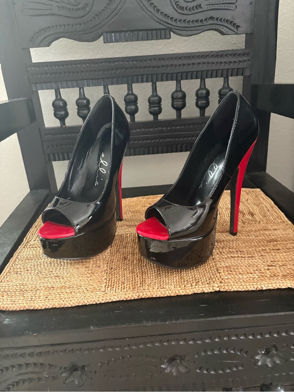 Ellie Black Patent Peep-Toe Platform Pumps with Red Accents